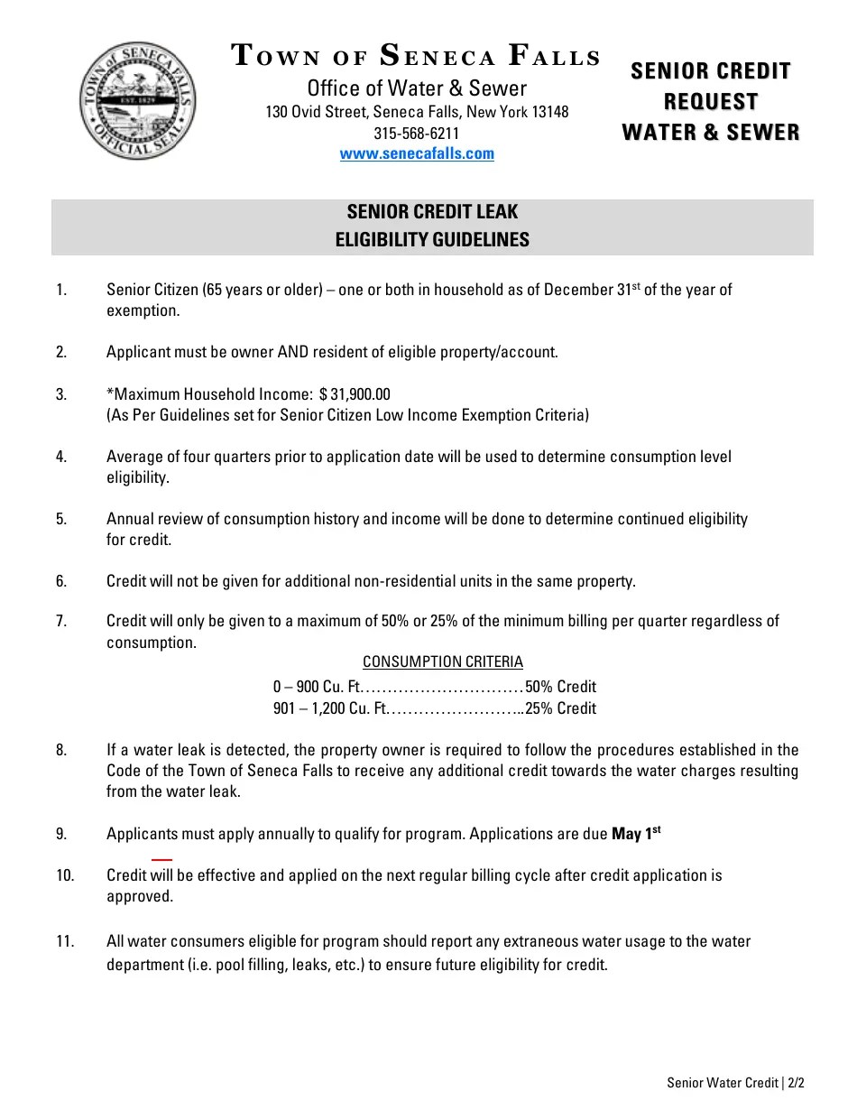 Town of Seneca Falls, New York Senior Credit Request Water & Sewer