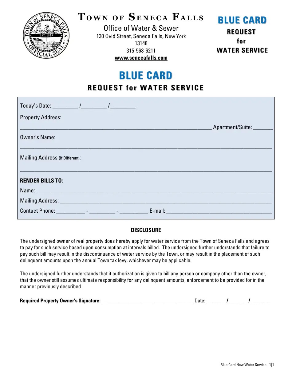 Town of Seneca Falls, New York Blue Card Request for Water Service