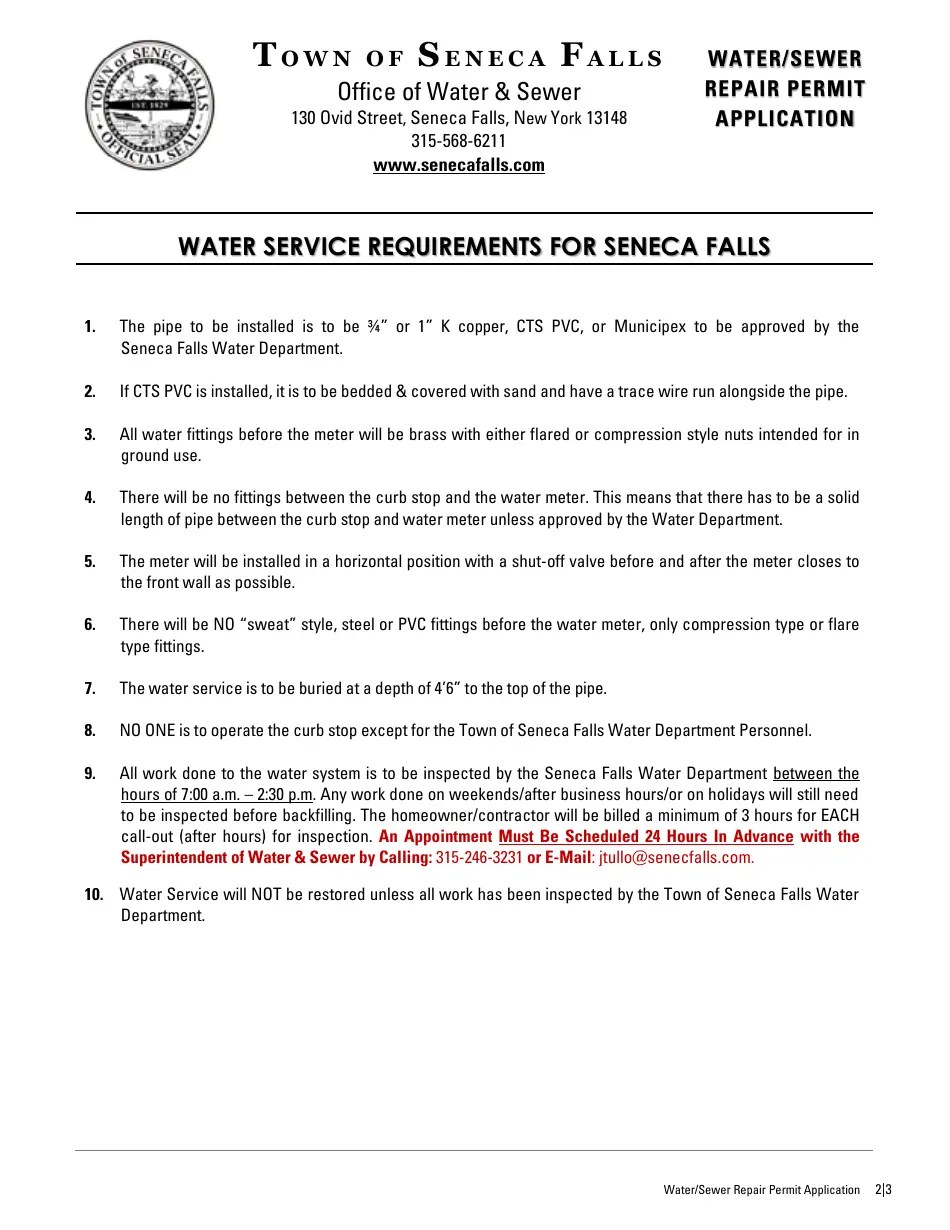 Town of Seneca Falls, New York Water/Sewer Repair Permit Application
