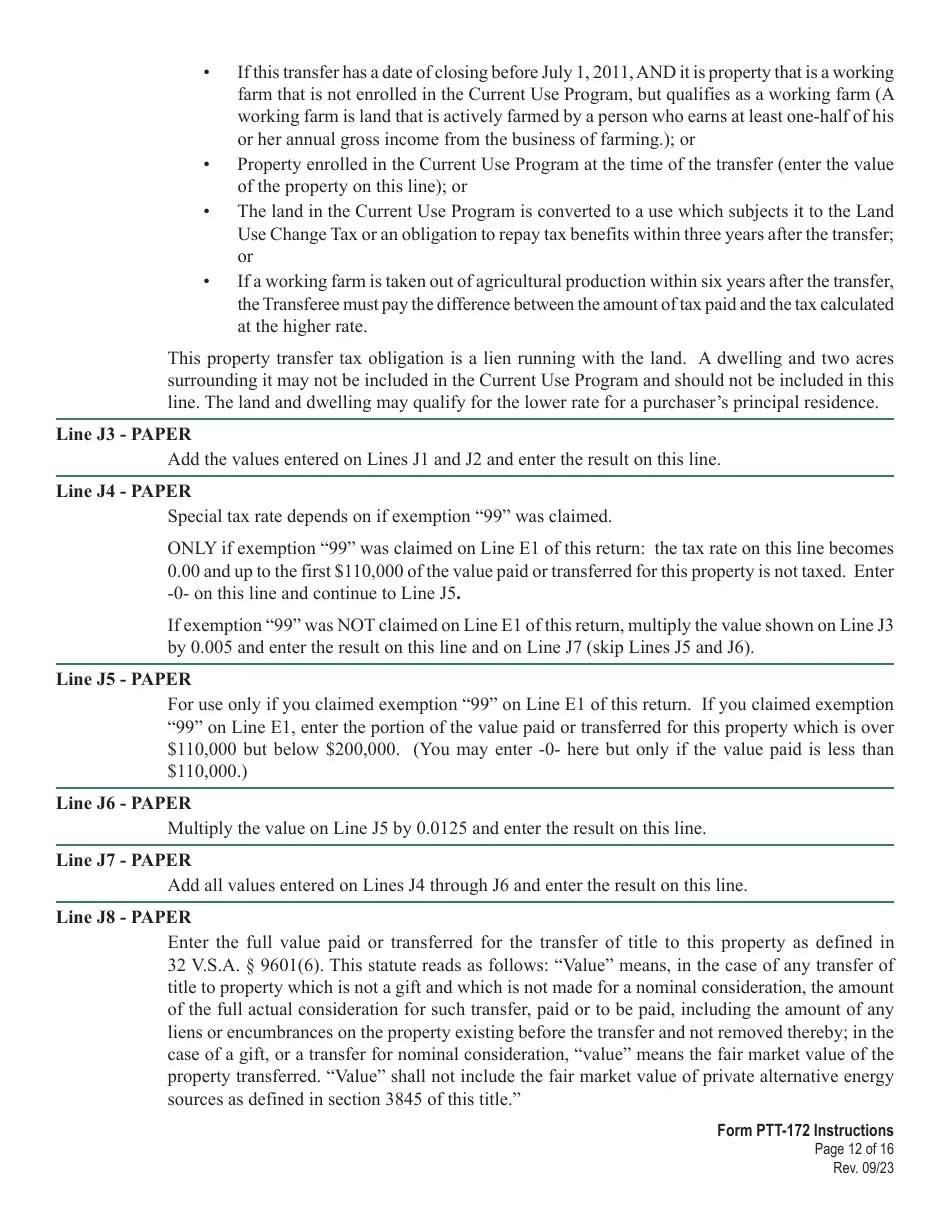 Download Instructions for Form PTT172 Vermont Property Transfer Tax