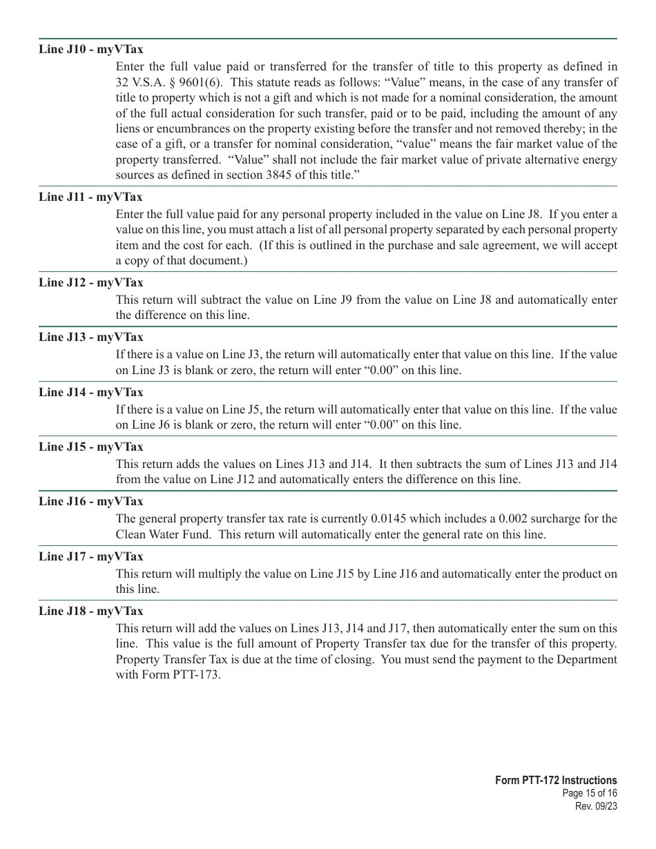 Download Instructions for Form PTT172 Vermont Property Transfer Tax