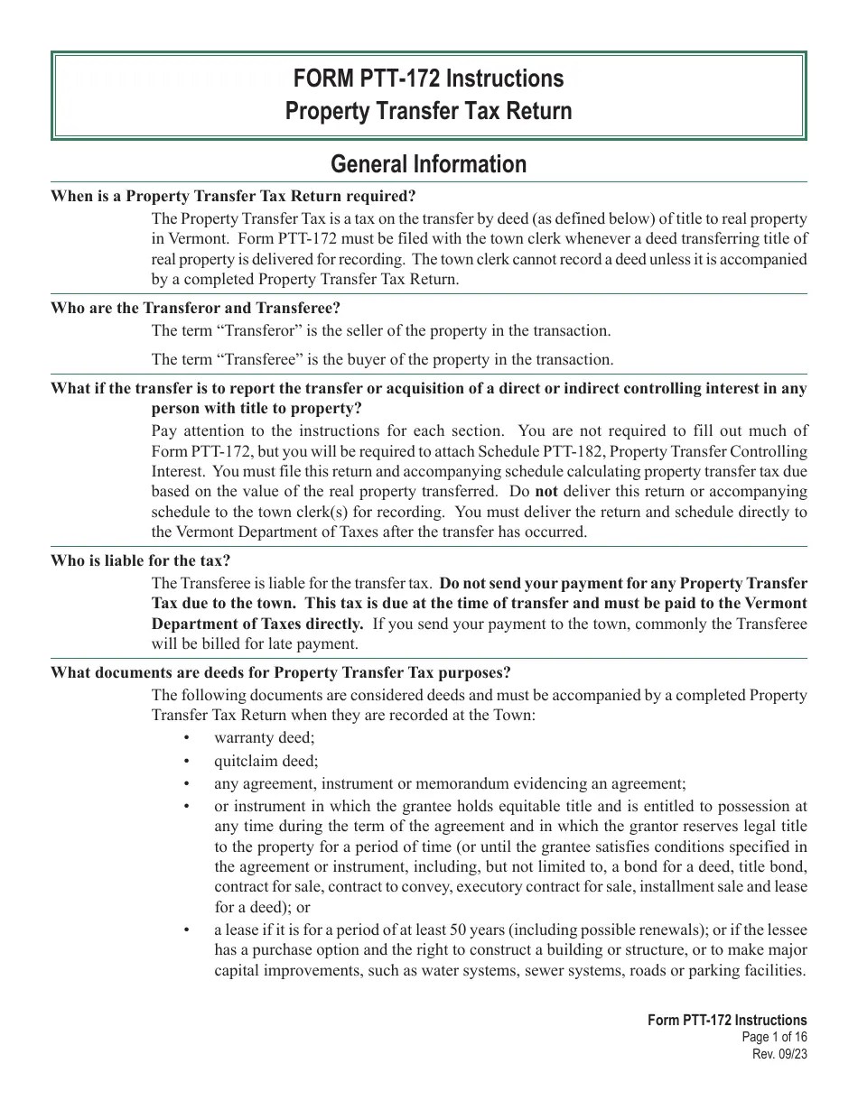 Download Instructions for Form PTT172 Vermont Property Transfer Tax