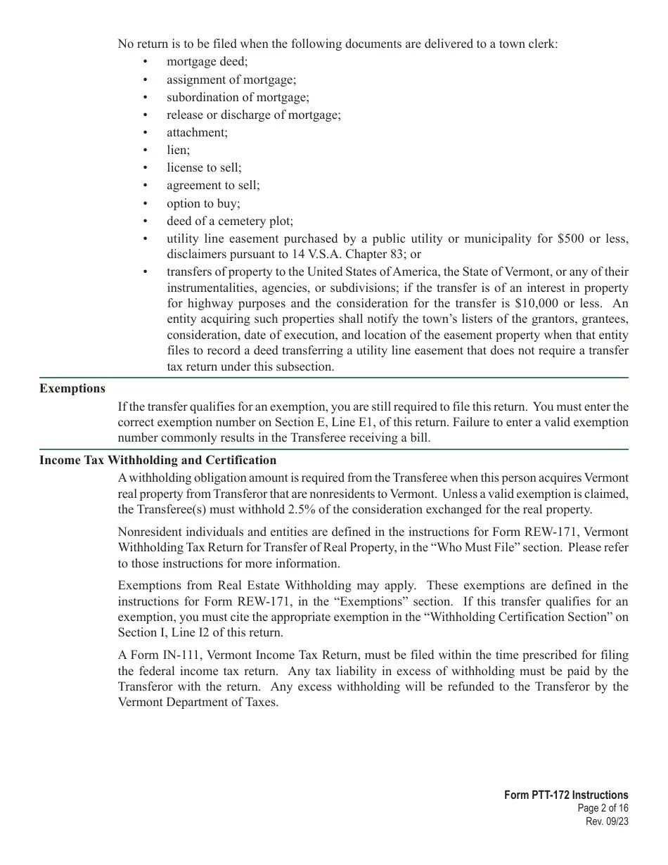 Download Instructions for Form PTT172 Vermont Property Transfer Tax