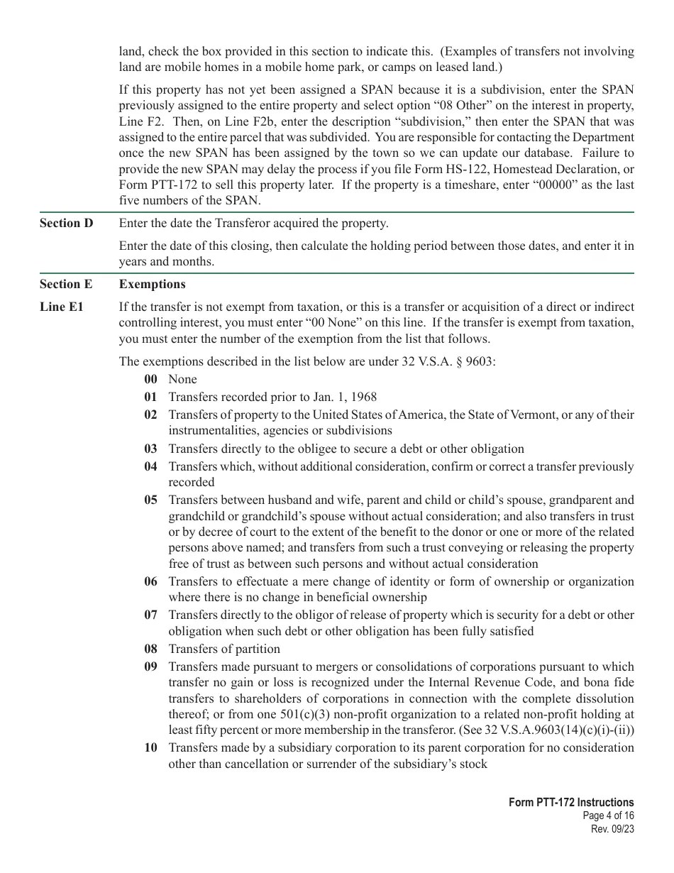 Download Instructions for Form PTT172 Vermont Property Transfer Tax