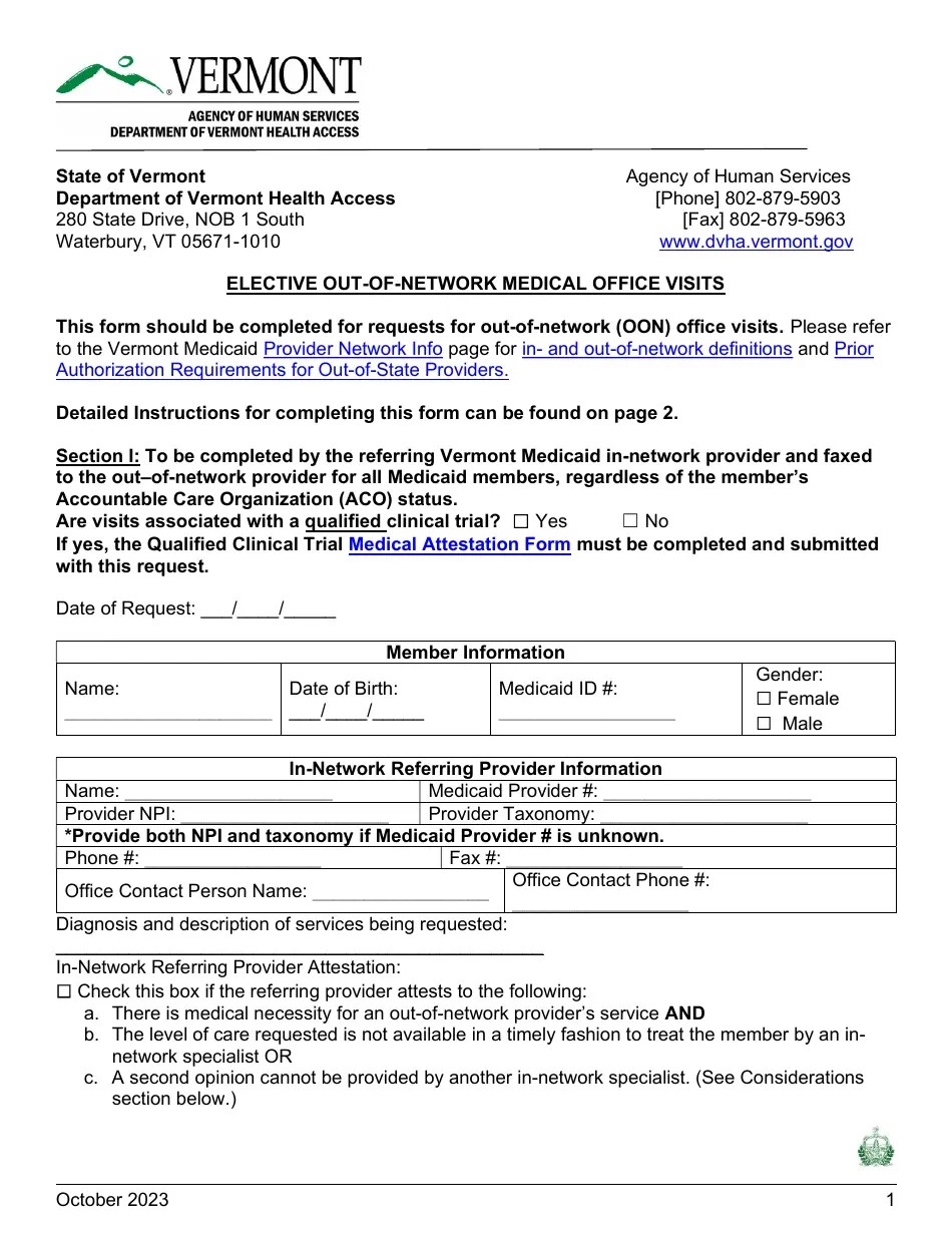 Vermont Elective Medical Office Visits Fill Out, Sign