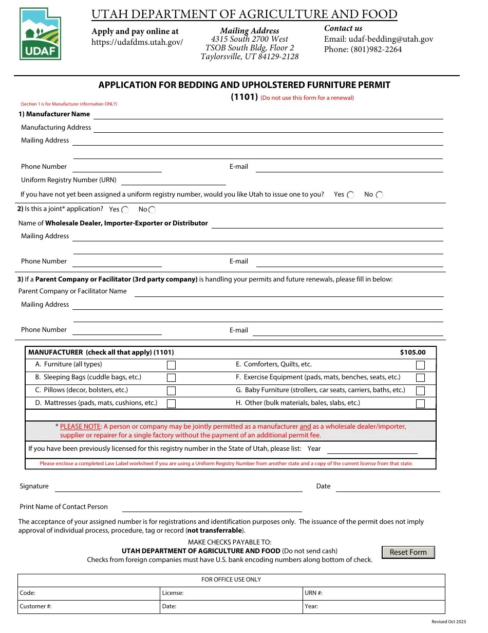 Form 1101 Download Printable PDF or Fill Online Application for Bedding
