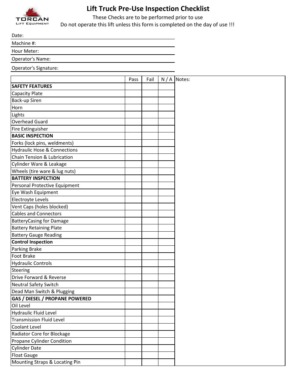 Lift Truck Preuse Inspection Checklist Template Torcan Fill Out