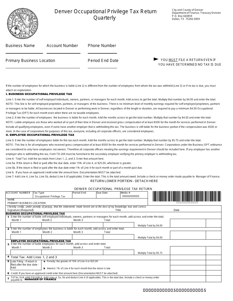 City and County of Denver, Texas Occupational Privilege Tax Return