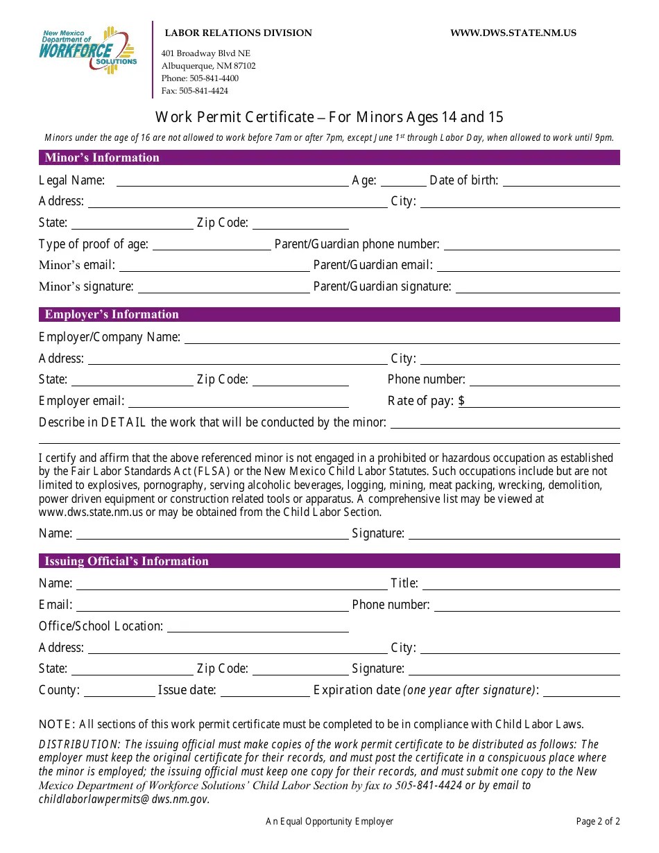 New Mexico Work Permit Certificate - for Minors Ages 14 and 15 - Fill