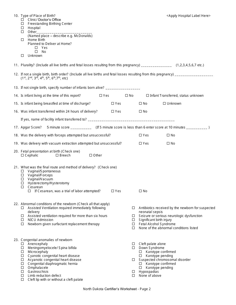 North Dakota Certifier's Worksheet for Completing the North Dakota Birth Certificate Download