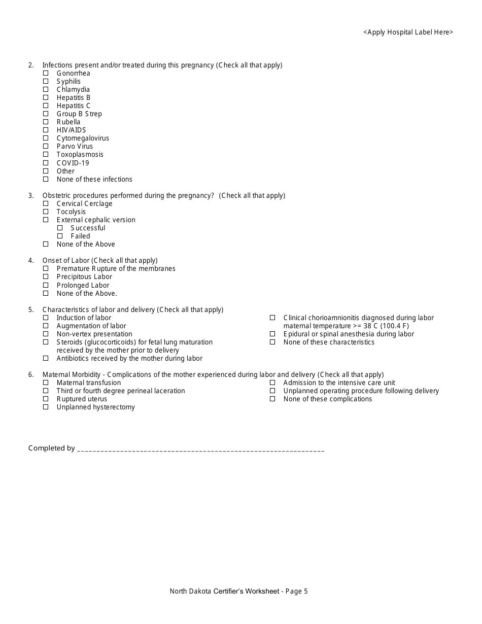 North Dakota Certifier's Worksheet for Completing the North Dakota Birth Certificate Download