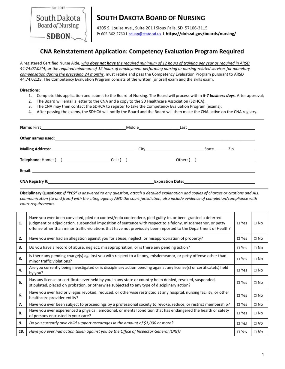 South Dakota Cna Reinstatement Application Competency Evaluation