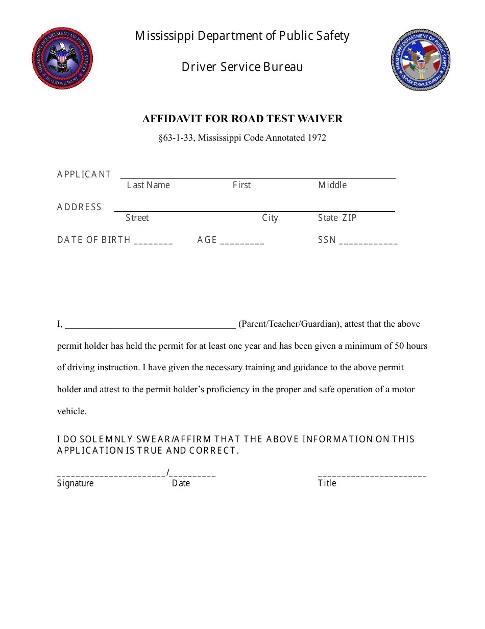 Mississippi Affidavit for Road Test Waiver Fill Out, Sign Online and