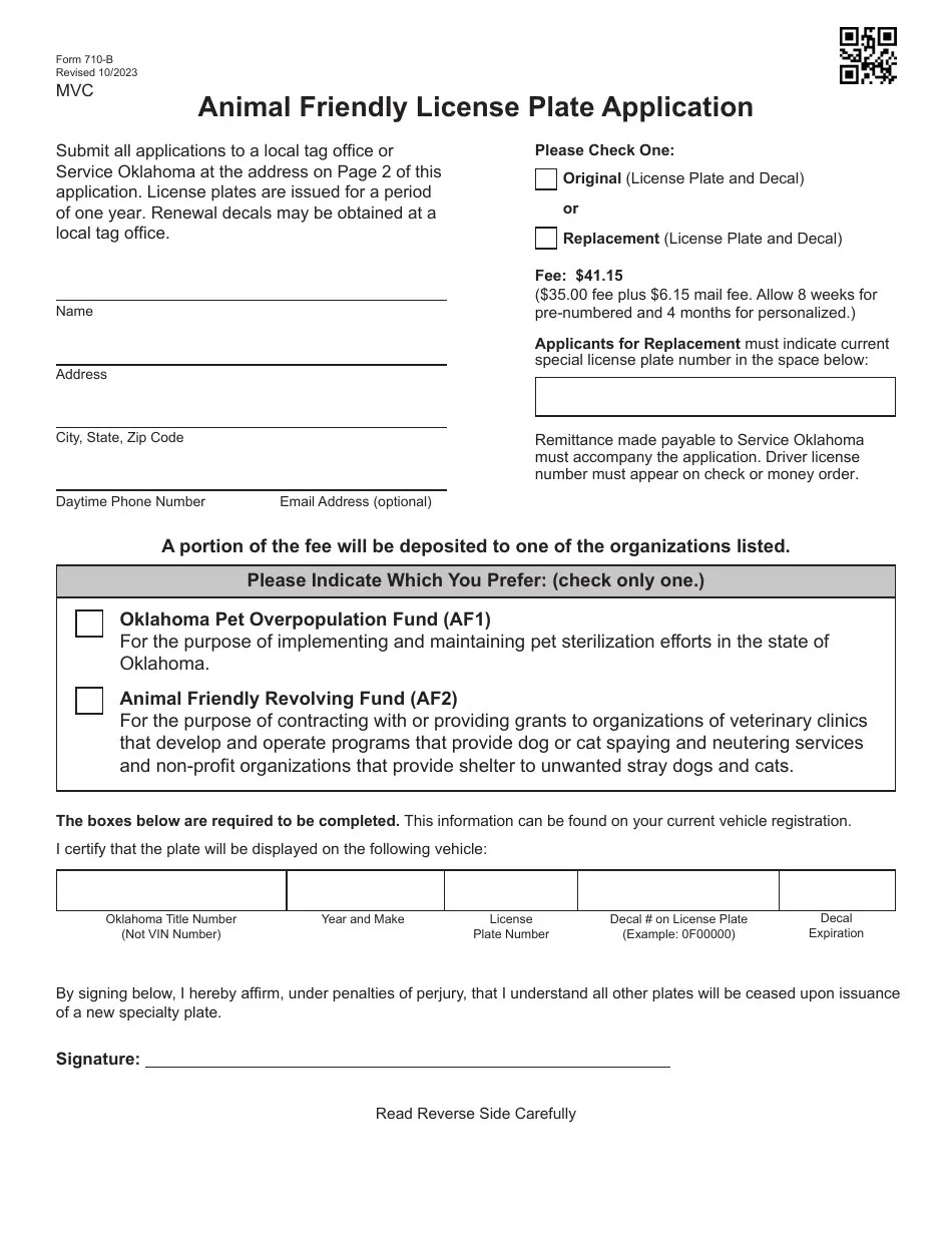 Form 710B Download Fillable PDF or Fill Online Animal Friendly License