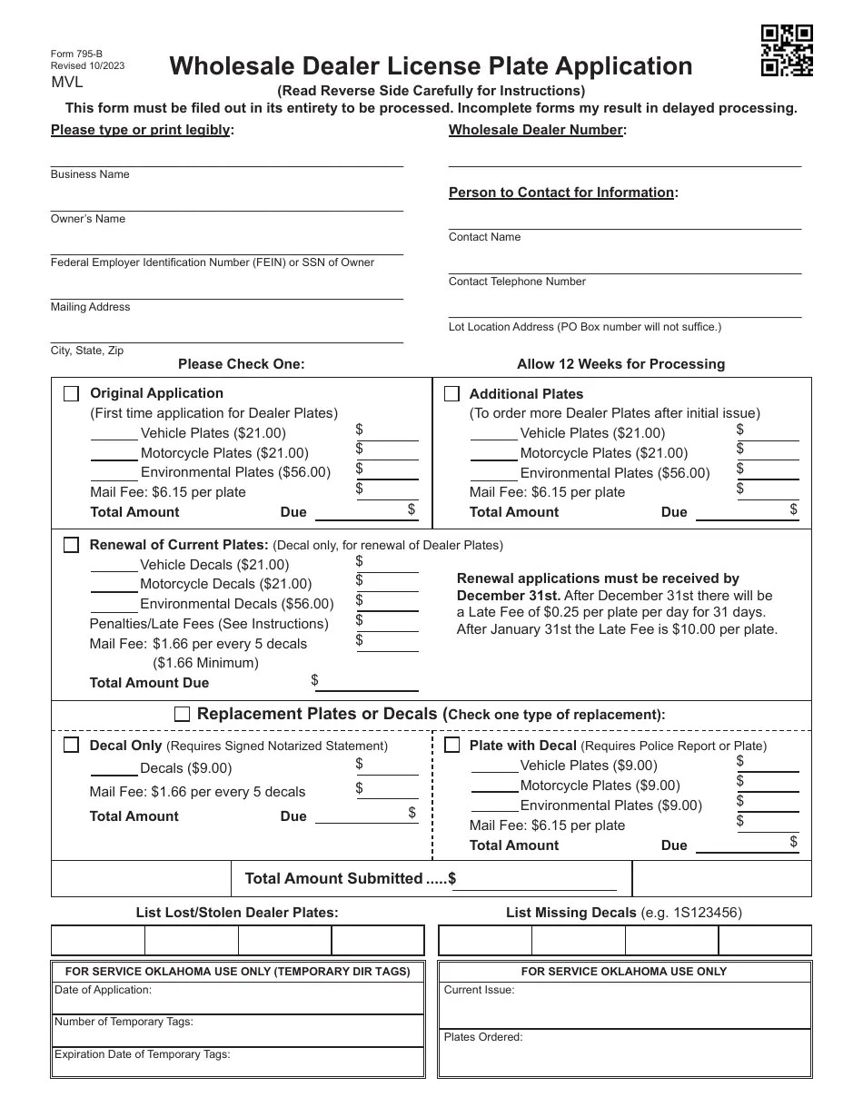 Form 795B Download Fillable PDF or Fill Online Wholesale Dealer