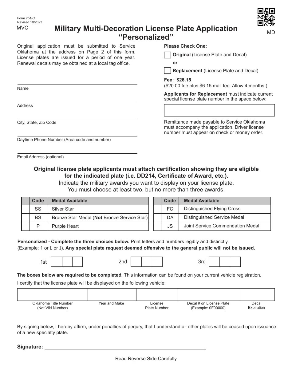 Form 751C Download Fillable PDF or Fill Online Military MultiDecoration License Plate