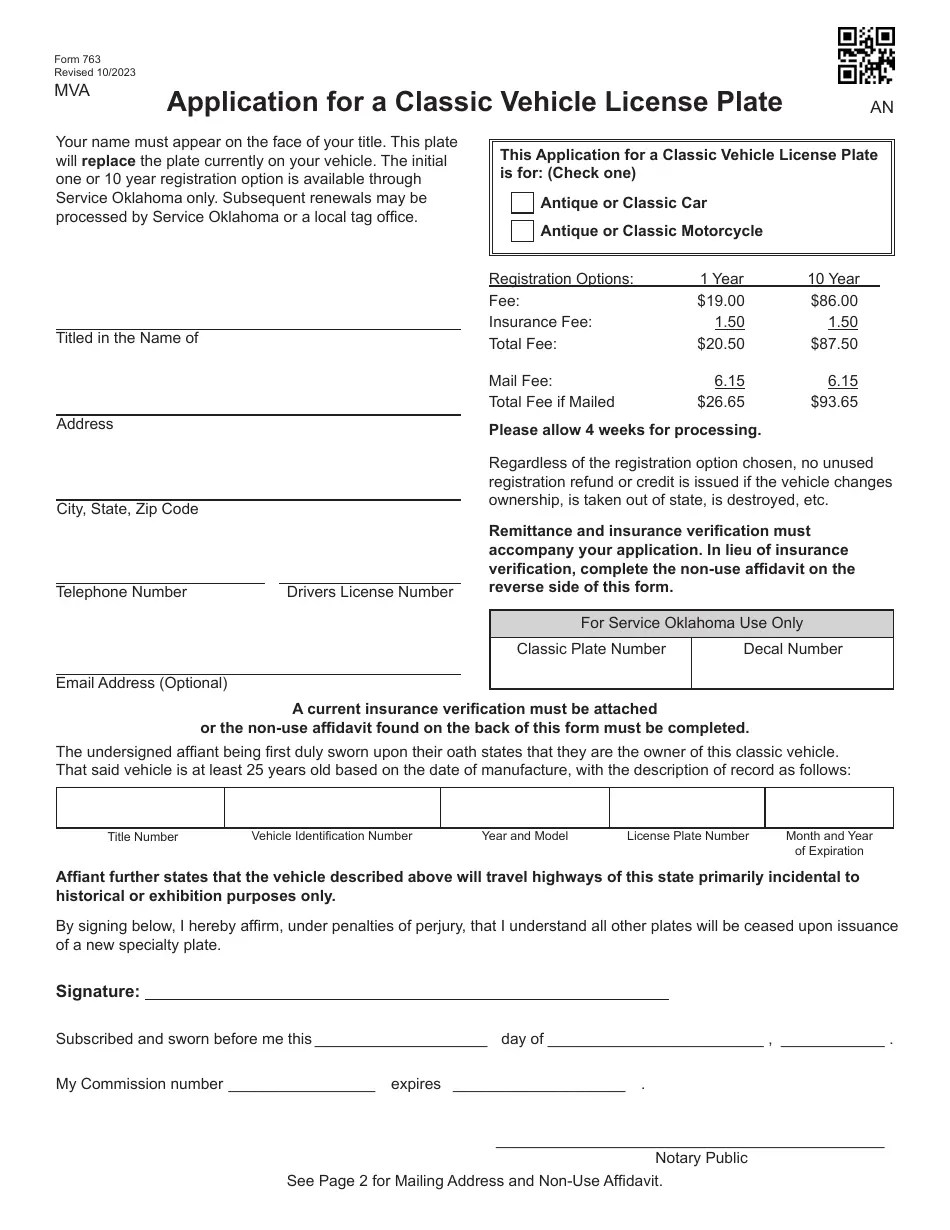 Form 763 Download Fillable PDF or Fill Online Application for a Classic Vehicle License Plate