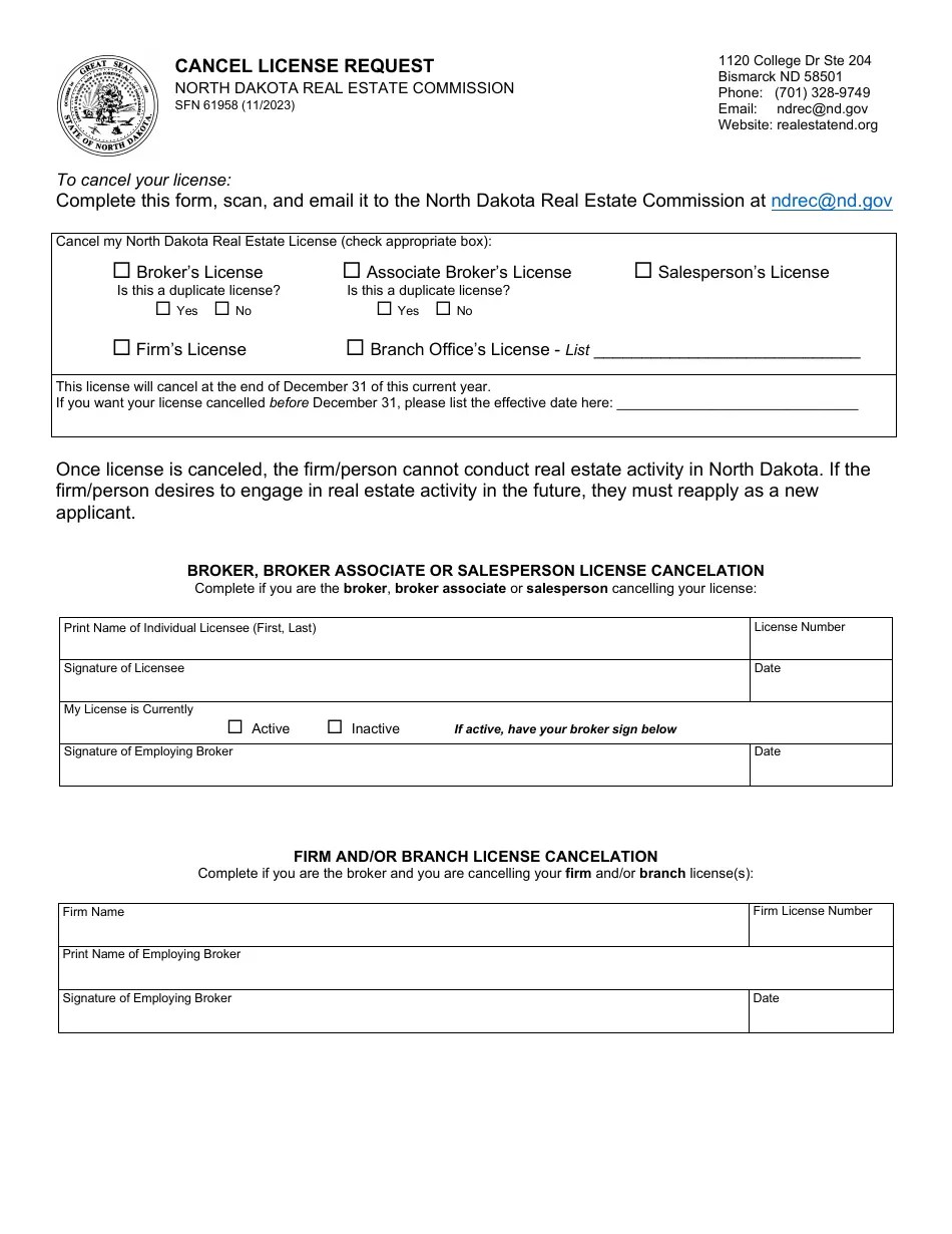 Form SFN61958 Download Fillable PDF or Fill Online Cancel License