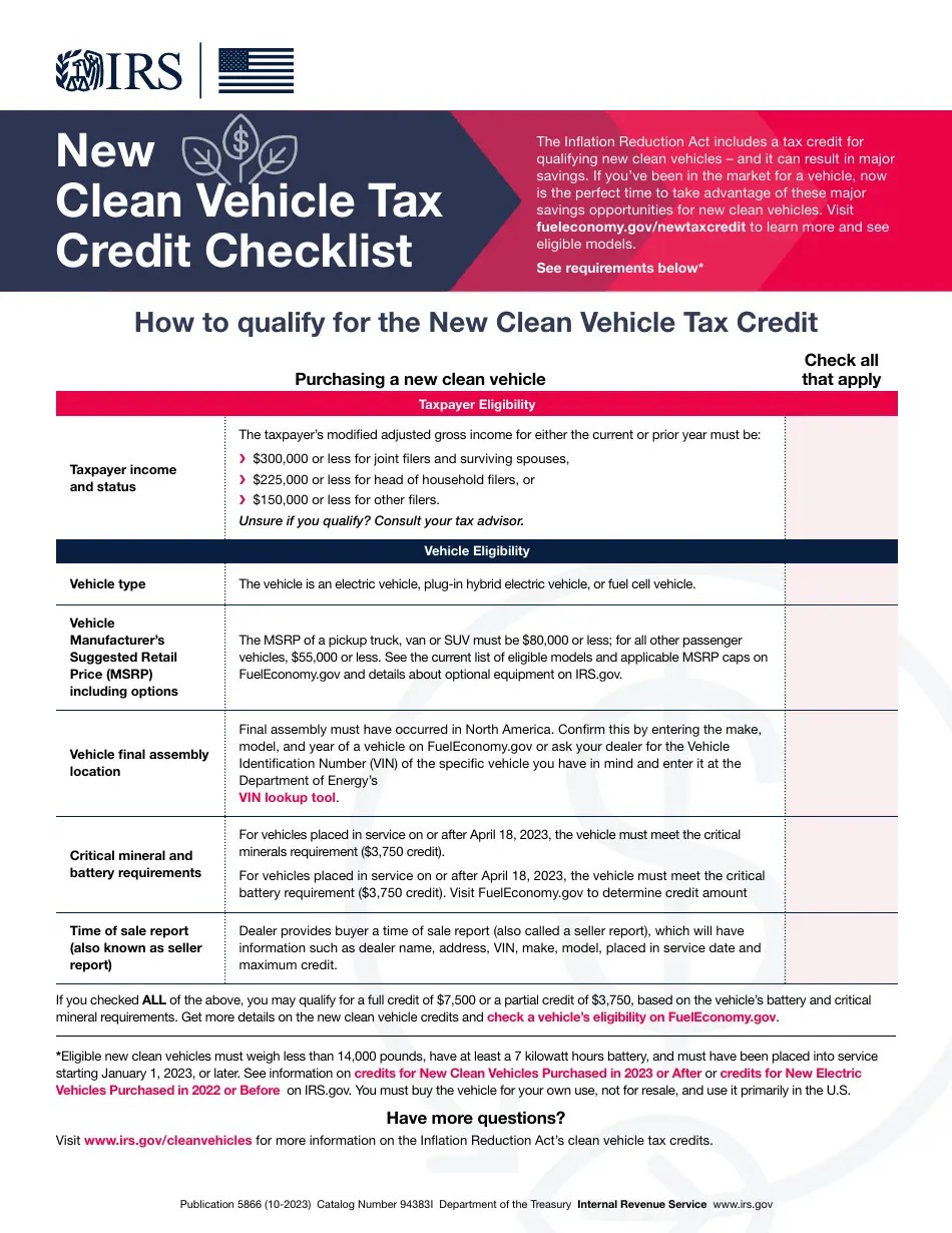 New Clean Vehicle Tax Credit Checklist Fill Out, Sign Online and