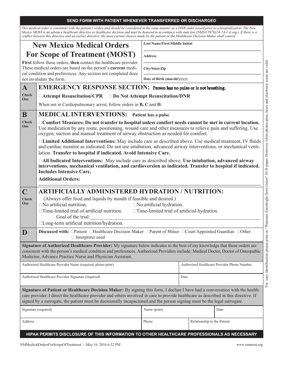 New Mexico New Mexico Medical Orders for Scope of Treatment (Most