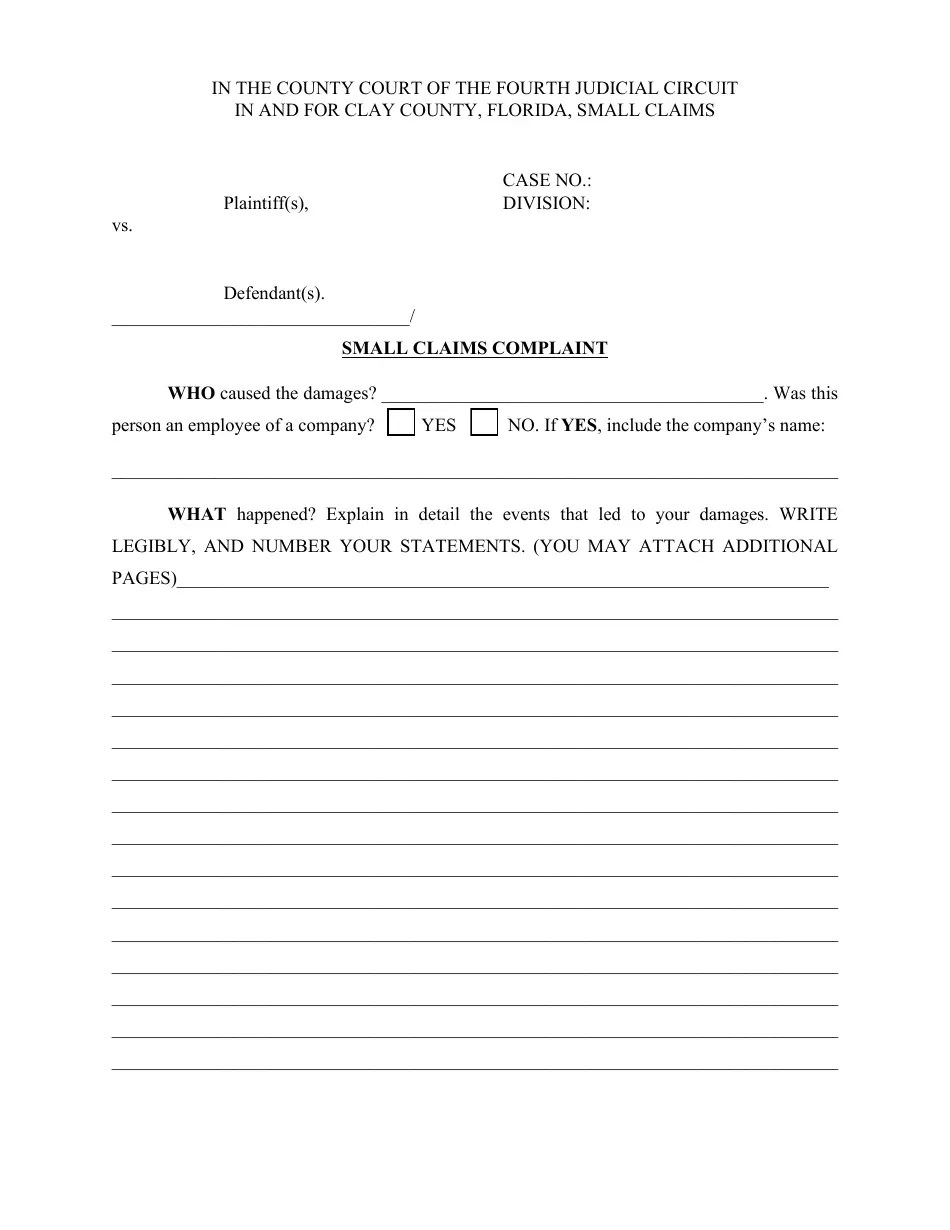 Clay County, Florida Small Claims Complaint Fill Out, Sign Online and