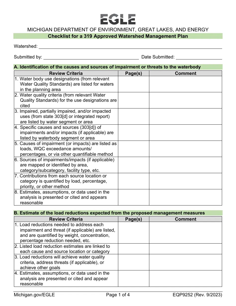 Form EQP9252 Download Fillable PDF or Fill Online Checklist for a 319