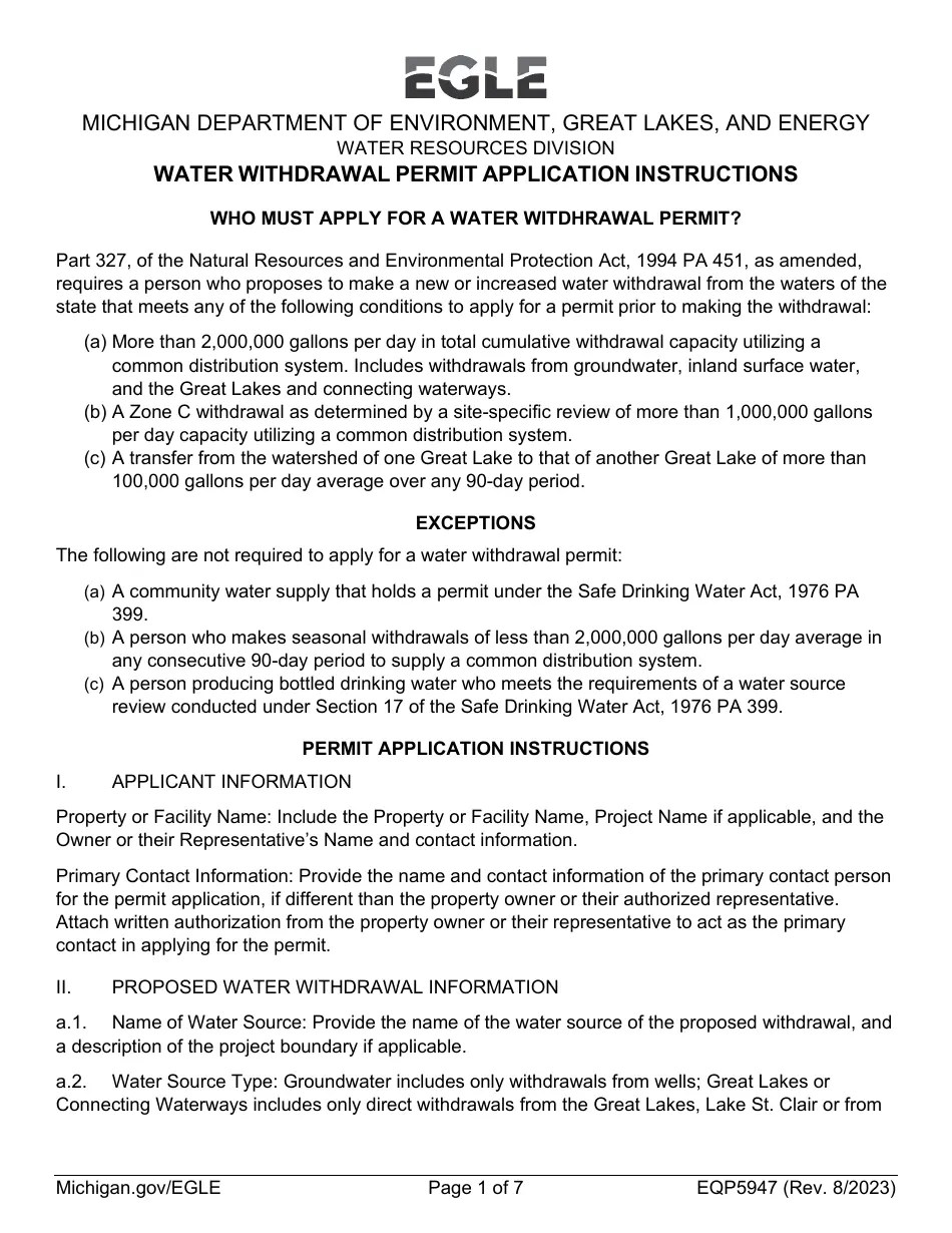 Form EQP5947 Download Fillable PDF or Fill Online Water Withdrawal