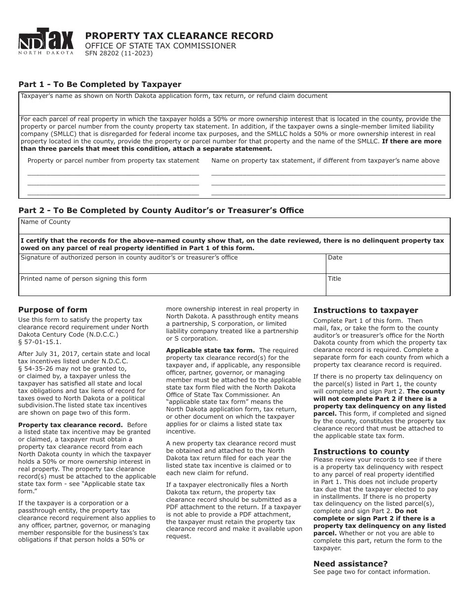 Form SFN28202 Download Fillable PDF or Fill Online Property Tax Clearance Record, North Dakota