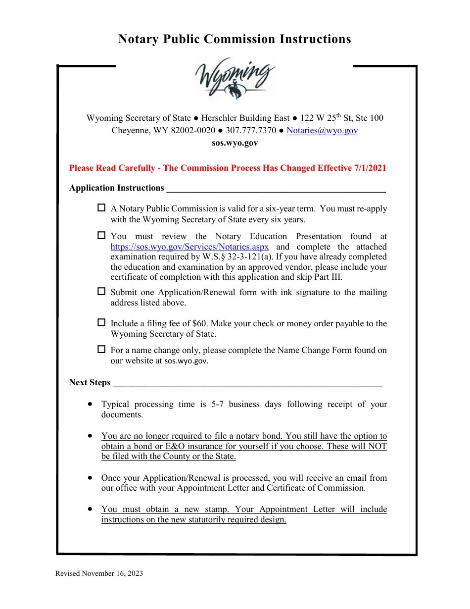 Wyoming Notary Public Commission Application/Renewal Download Printable