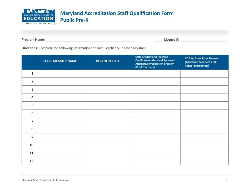 Maryland Maryland Accreditation Staff Qualification Form Public Prek Fill Out, Sign Online
