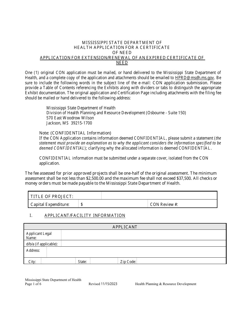 Mississippi Application for Extension/Renewal of an Expired Certificate