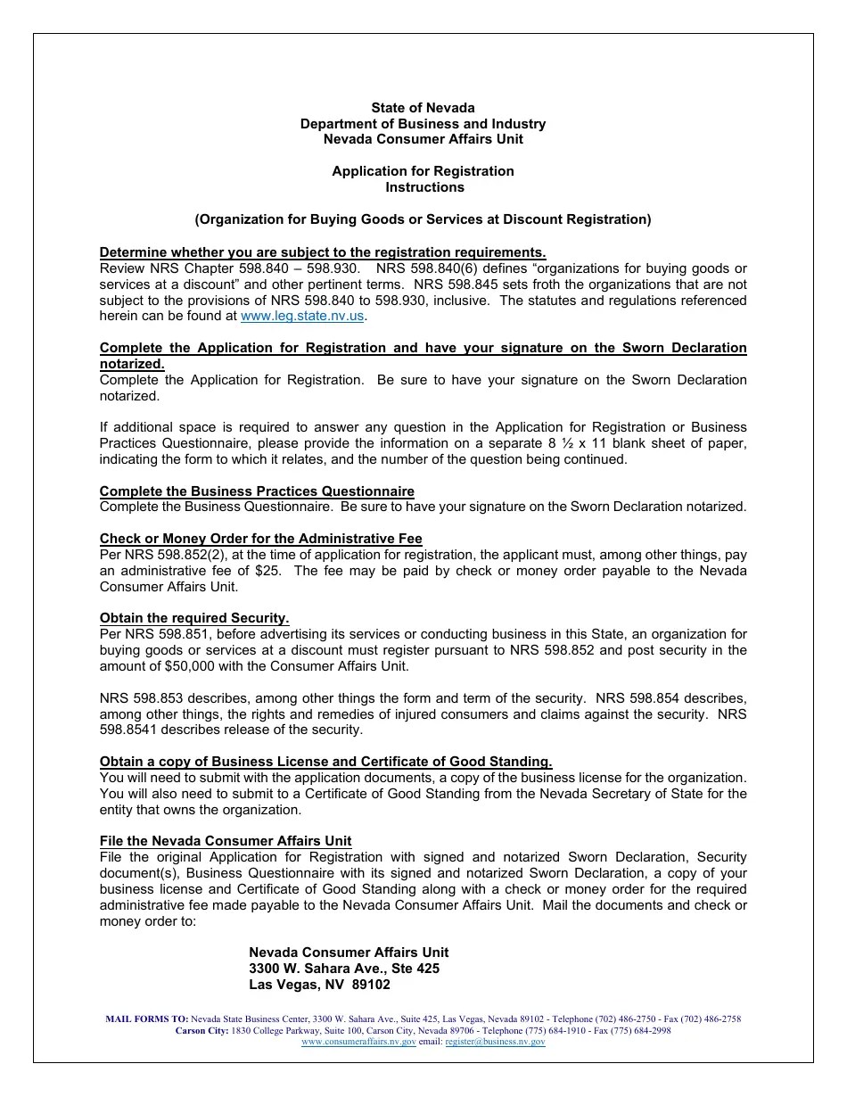 Nevada Application for Registration Organization for Buying Goods and