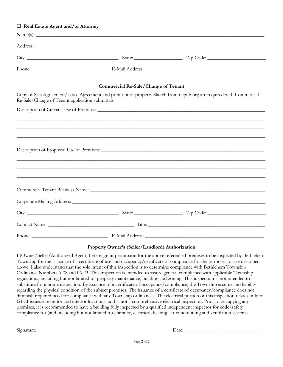Township of Bethlehem, Pennsylvania Application for Certificate of Use and Occupancy Property