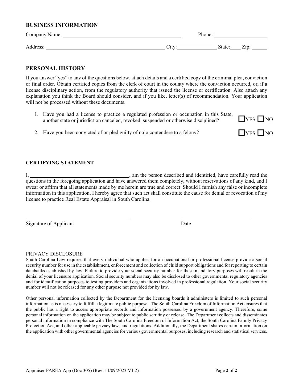 Form DOC305 Fill Out, Sign Online and Download Fillable PDF, South