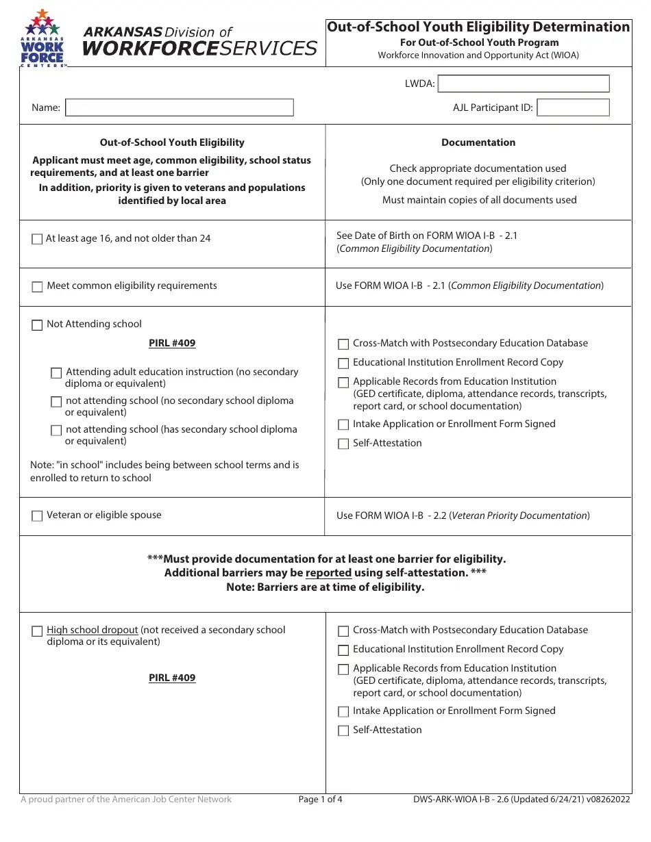 Form DWSARKWIOA IB2.6 Fill Out, Sign Online and Download Fillable