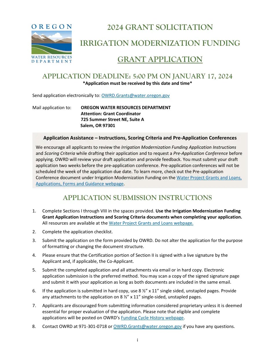 2024 Oregon Irrigation Modernization Funding Grant Application Fill