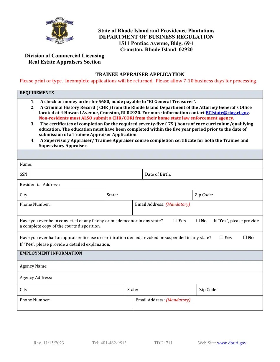 Rhode Island Trainee Appraiser Application Download Printable PDF Templateroller