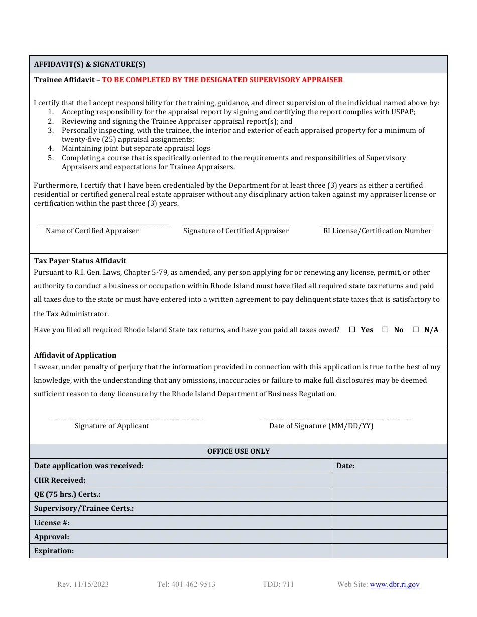 Rhode Island Trainee Appraiser Application Download Printable PDF Templateroller