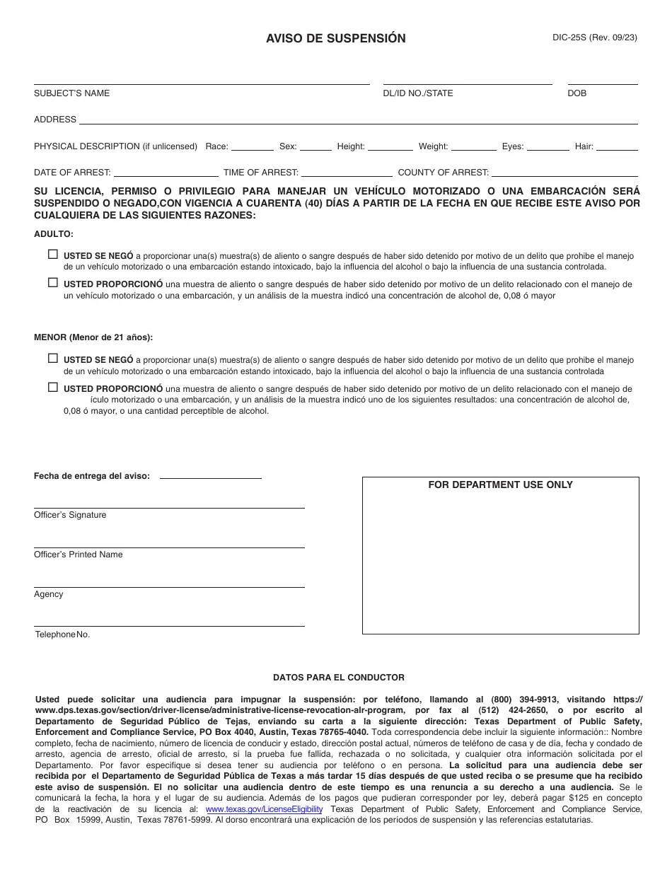 Formulario DIC25S Download Fillable PDF or Fill Online Aviso De Suspension, Texas (Spanish