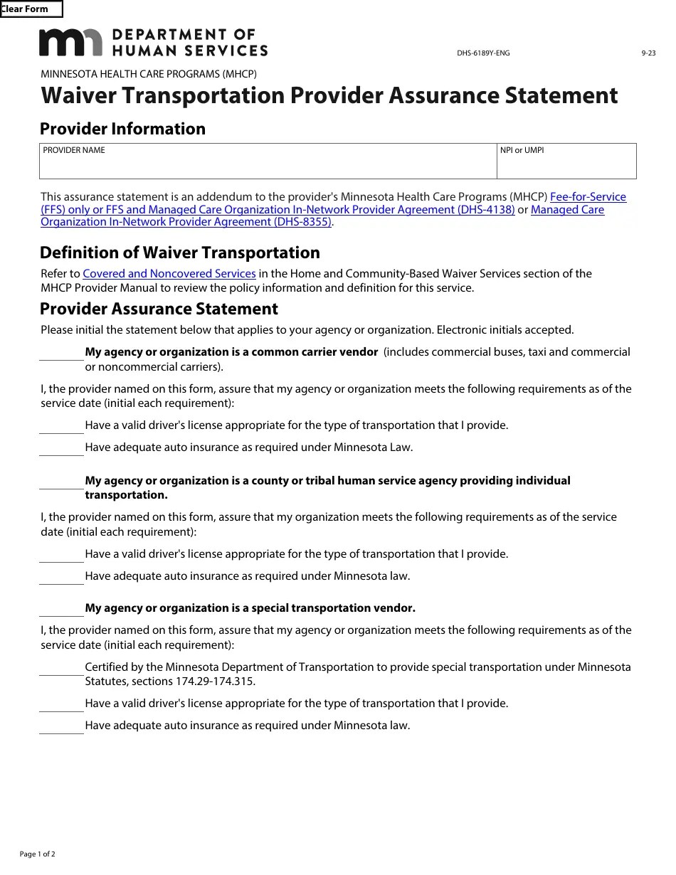 Form DHS6189YENG Download Fillable PDF or Fill Online Waiver