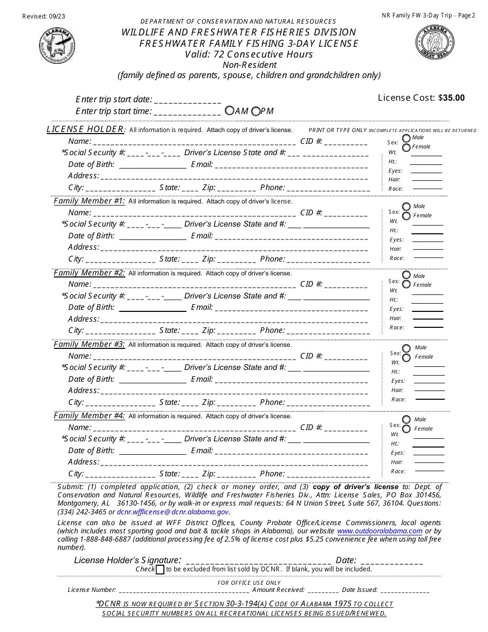 2024 Alabama Freshwater Family Fishing 3day License Nonresident Fill Out, Sign Online and