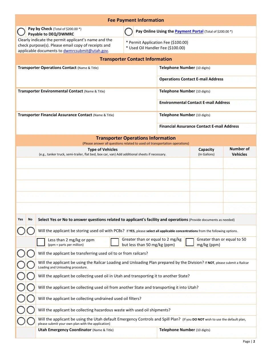 Utah Used Oil Transporter Application & 10year Renewal Fill Out