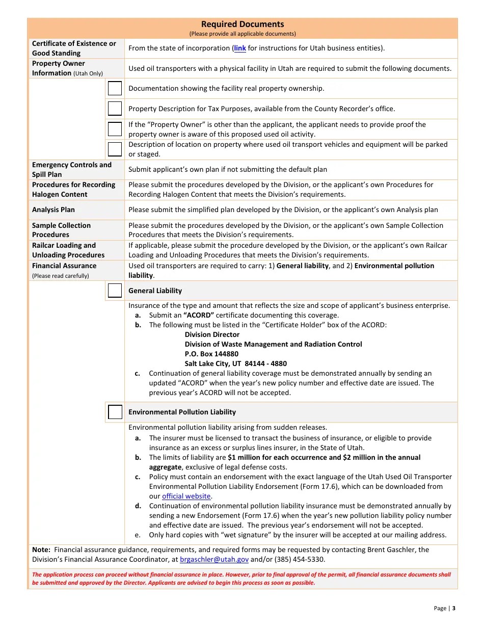 Utah Used Oil Transporter Application & 10year Renewal Fill Out