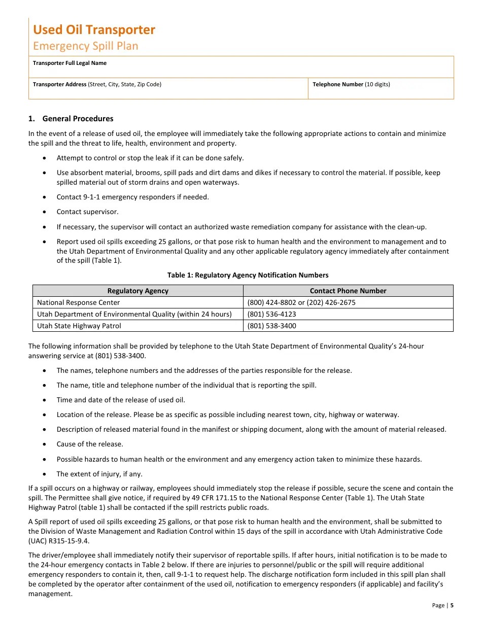 Utah Used Oil Transporter Application & 10year Renewal Fill Out