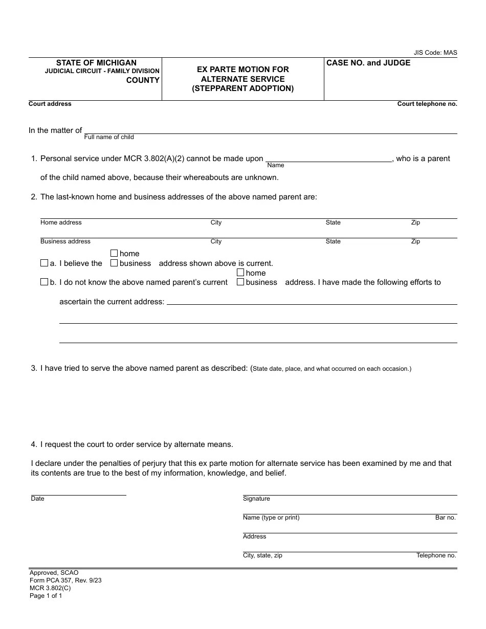 Form PCA357 Fill Out, Sign Online and Download Fillable PDF, Michigan