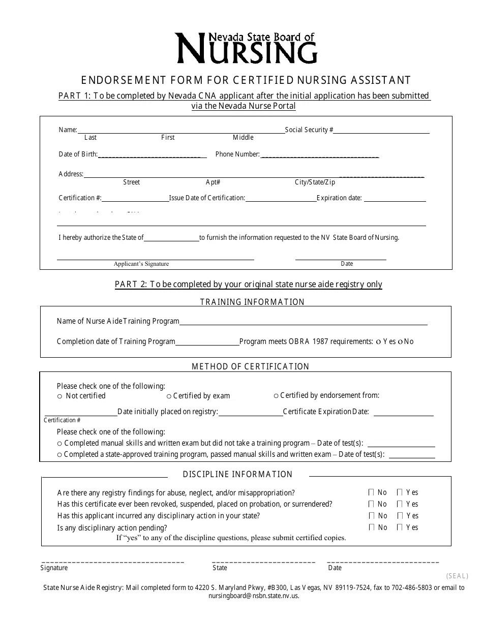 Nevada Endorsement Form for Certified Nursing Assistant Fill Out