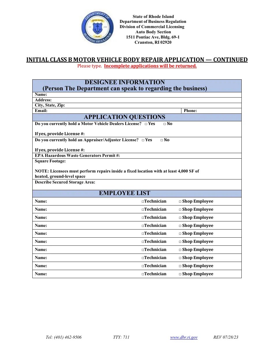 Rhode Island Initial Class B Motor Vehicle Body Repair Application
