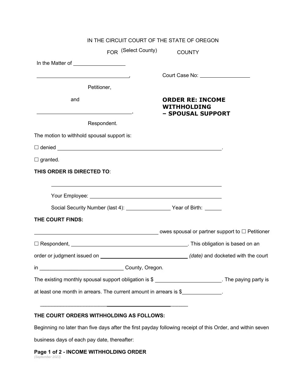 Oregon Order Re Withholding Spousal Support Fill Out, Sign