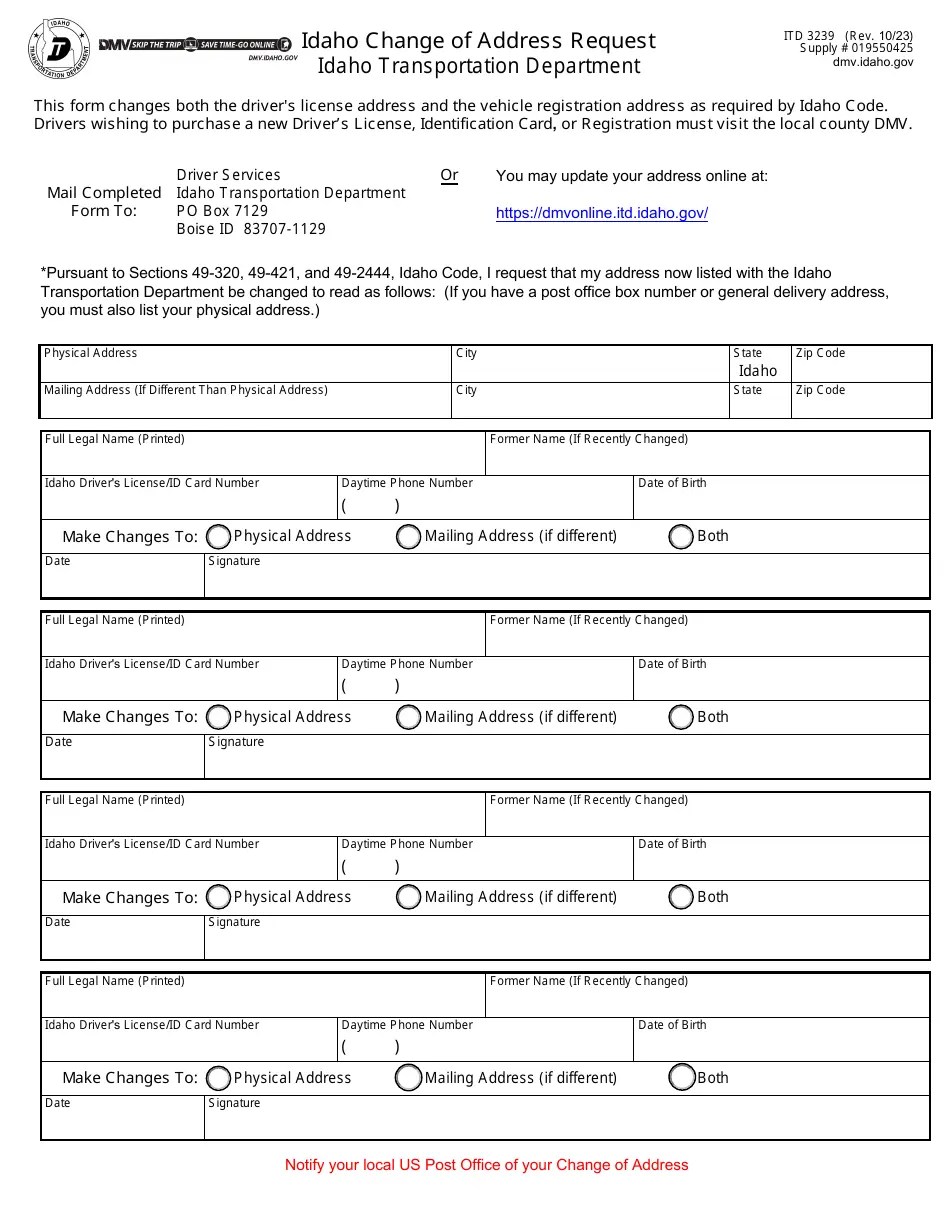 Form ITD3239 Download Fillable PDF or Fill Online Idaho Change of