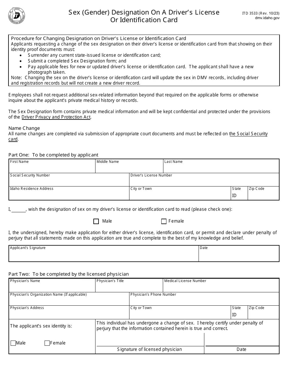 Form ITD3533 Download Fillable PDF or Fill Online Sex (Gender